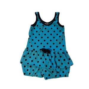 Y2K Vintage Blue Polka Dot Ruffle Romper Bubble Sunsuit 3T Turquoise Black Bow